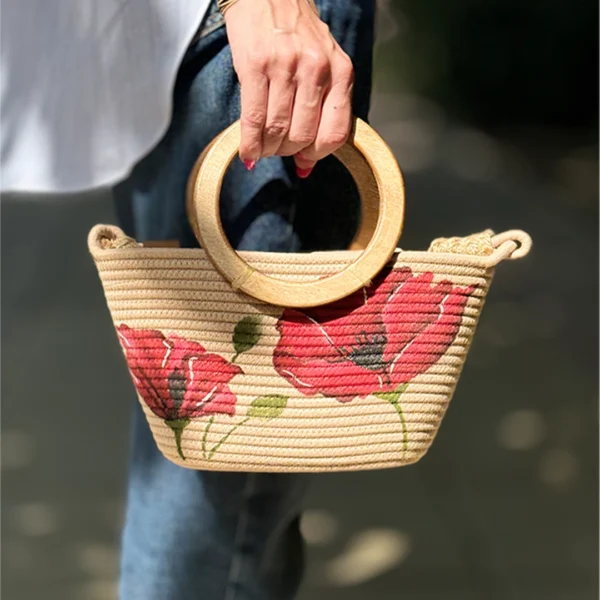 کیف دستی قیطان دوزی – نخودی – طرح شقایق